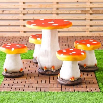 Cement Mushroom 4-Seater Outdoor Dining Set - Cream/Orange