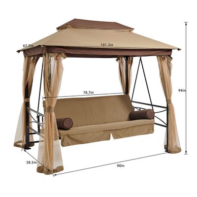 Gretta 3-Seater Swing Bed with Roof and Cushions - Brown 