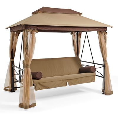 Gretta 3-Seater Swing Bed with Roof and Cushions - Brown 