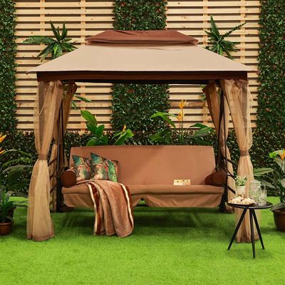 Gretta 3-Seater Swing Bed with Roof and Cushions - Brown 