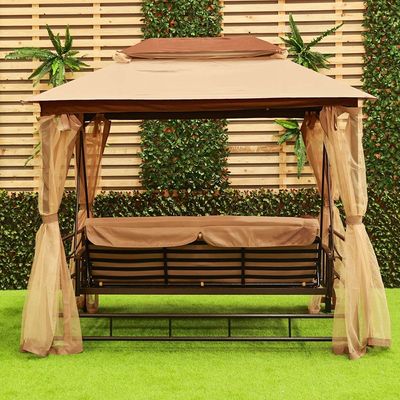 Gretta 3-Seater Swing Bed with Roof and Cushions - Brown 