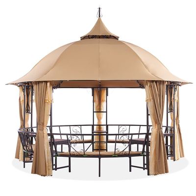 Luxury Round Gazebo with 12-Seater Bench, Curtains & Mosquito Nets - Brown - 410 cm - With 2-Year Warranty