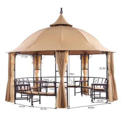 Luxury Round Gazebo with 12-Seater Bench, Curtains & Mosquito Nets - Brown - 410 cm - With 2-Year Warranty