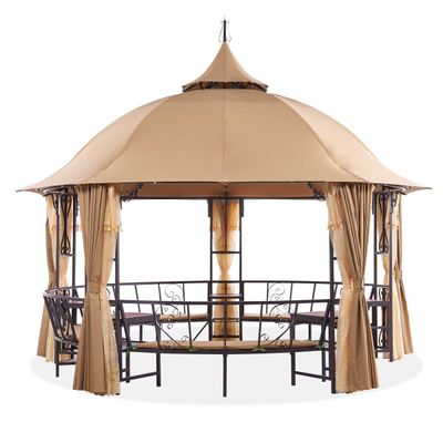 Luxury Round Gazebo with 12-Seater Bench, Curtains & Mosquito Nets - Brown - 410 cm - With 2-Year Warranty