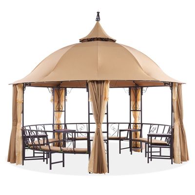 Luxury Round Gazebo with 12-Seater Bench, Curtains & Mosquito Nets - Brown - 410 cm - With 2-Year Warranty