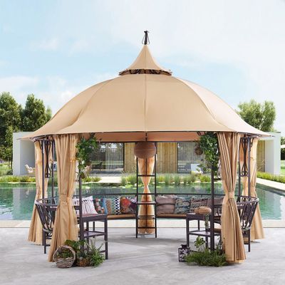 Luxury Round Gazebo with 12-Seater Bench, Curtains & Mosquito Nets - Brown - 410 cm - With 2-Year Warranty