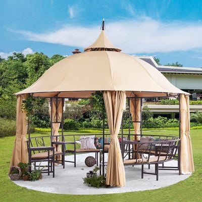 Luxury Round Gazebo with 12-Seater Bench, Curtains & Mosquito Nets - Brown - 410 cm - With 2-Year Warranty