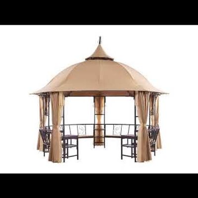 Luxury Round Gazebo with 12-Seater Bench, Curtains & Mosquito Nets - Brown - 410 cm - With 2-Year Warranty