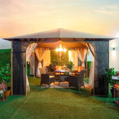 Arabian Rattan Gazebo with Curtains & Mosquito Nets - Brown - 400x400x300 cm