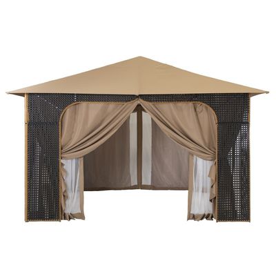 Arabian Rattan Gazebo with Curtains & Mosquito Nets - Brown - 400x400x300 cm