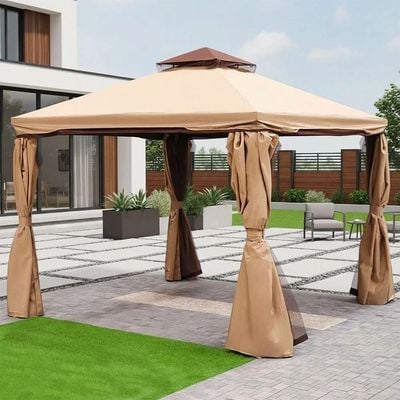 New Sandra Aluminum Gazebo with Curtains and Mosquito Nets-Beige-3x3 M