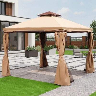 New Sandra Aluminum Gazebo with Curtains and Mosquito Nets - Beige - 3x3 M