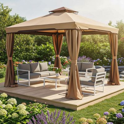 New Sandra Aluminum Gazebo with Curtains and Mosquito Nets - Beige - 3x3 M