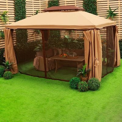 New Roma Aluminum Gazebo with Curtains & Mosquito Nets - Beige - 3x4 m