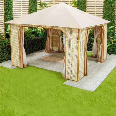 Arabian Rattan Gazebo with Curtains and Mosquito Nets - Beieg - 400x400x300 cm