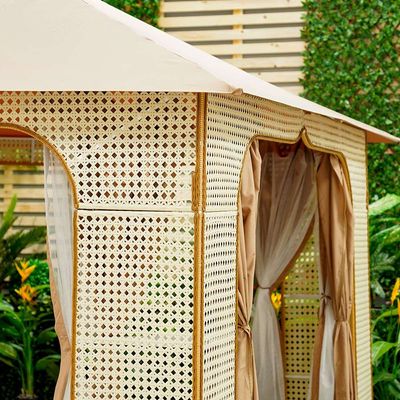 Arabian Rattan Gazebo with Curtains and Mosquito Nets - Beieg - 400x400x300 cm