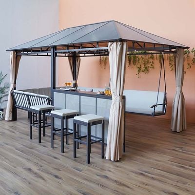 Romero All-In-One 12-Seater Gazebo with Table, Swing Chairs, and Bar Set - Black - With 2-Year Warranty