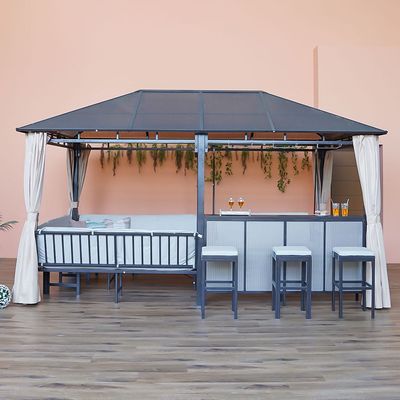 Romero All-In-One 12-Seater Gazebo with Table, Swing Chairs, and Bar Set - Black - With 2-Year Warranty