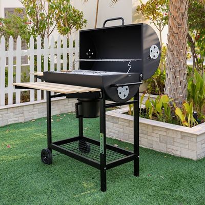 Black Steel Charcoal Grill with Side Stations