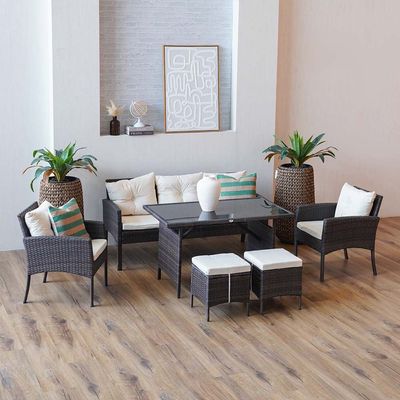 New Lara 5-Seater Sofa Set with Two Ottomans - Dark Brown/Beige