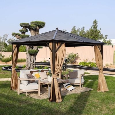 Marhaba Metal Gazebo with Curtains -Brown - 3x3 M