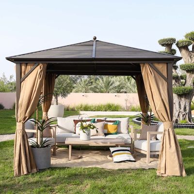 Marhaba Metal Gazebo with Curtains -Brown - 3x3 M