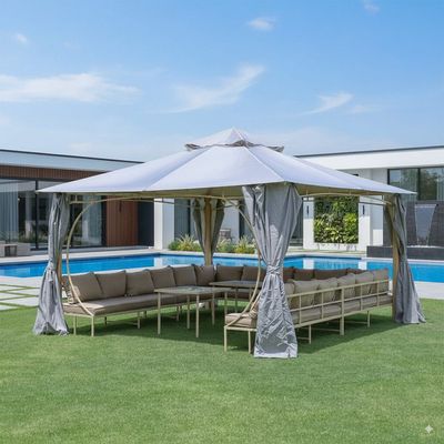 Miraj Gazebo with Seating , Tables, Curtains and Mosquito Nets- 4x4 m