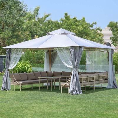 Miraj Gazebo with Seating , Tables, Curtains and Mosquito Nets- 4x4 m