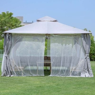 Miraj Gazebo with Seating , Tables, Curtains and Mosquito Nets- 4x4 m