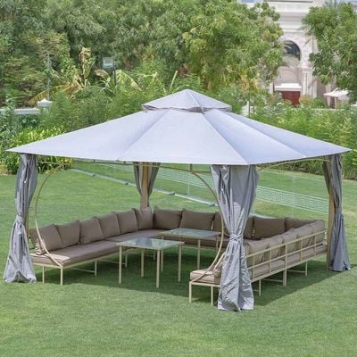 Miraj Gazebo with Seating , Tables, Curtains and Mosquito Nets- 4x4 m