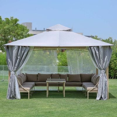 Miraj Gazebo with Seating , Tables, Curtains and Mosquito Nets- 4x4 m