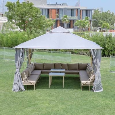 Miraj Gazebo with Seating , Tables, Curtains and Mosquito Nets- 4x4 m