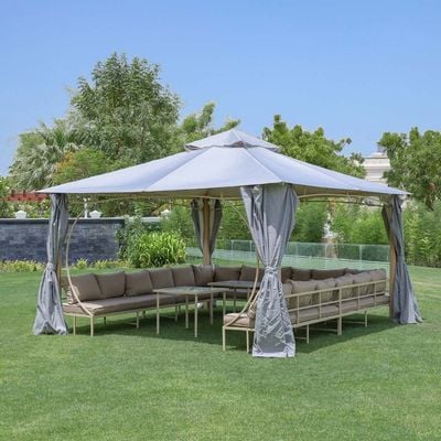 Miraj Gazebo with Seating , Tables, Curtains and Mosquito Nets- 4x4 m