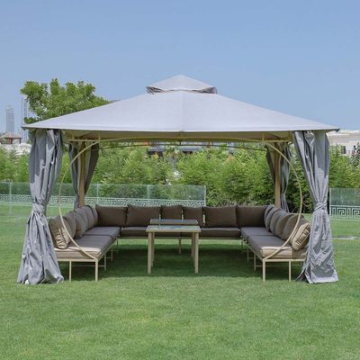 Miraj Gazebo with Seating , Tables, Curtains and Mosquito Nets- 4x4 m