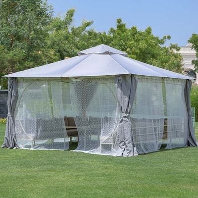 Miraj Gazebo with Seating , Tables, Curtains and Mosquito Nets- 4x4 m