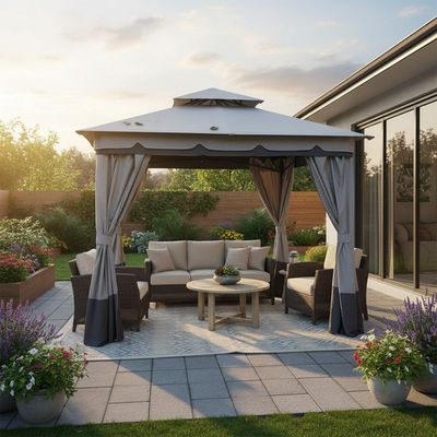 Delight Steel Gazebo with Curtain - Grey -  2.7x2.7 M