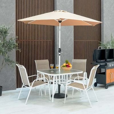 Eve 1 + 4-Seater Textilene Dining Set with Umbrella - White/Khaki