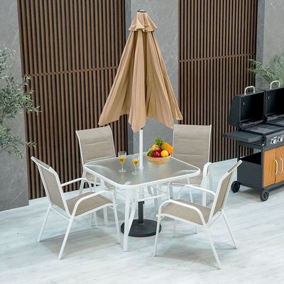 طقم طعام ايڤ بمقعد واحد وأربعة مقاعد من تيكستيلين مع مظلة - أبيض/كاكي