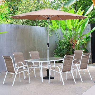 Eve 1 + 6-Seater Textilene Dining Set with Umbrella - White/Light Brown