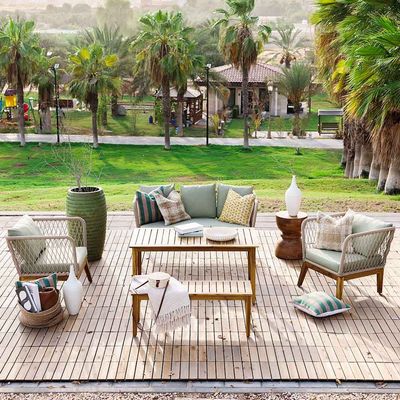 Luna 7-Seater Wooden Sofa Set - Natural Wood/Beige/Green