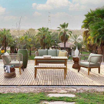 Luna 7-Seater Wooden Sofa Set - Natural Wood/Beige/Green