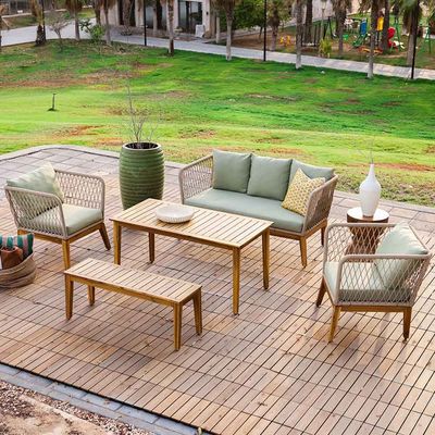 Luna 7-Seater Wooden Sofa Set - Natural Wood/Beige/Green