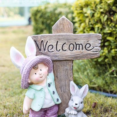 MgO Boy and Rabbit with Welcome Sign Decor