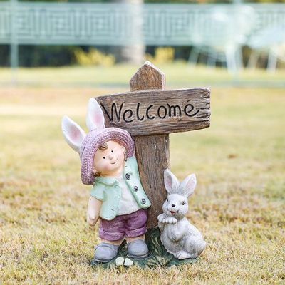 MgO Boy and Rabbit with Welcome Sign Decor