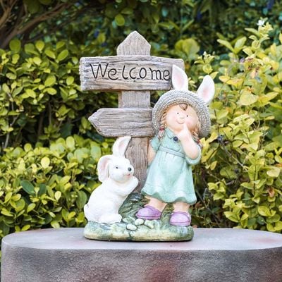 MgO Girl and Rabbit with Welcome Sign Decor