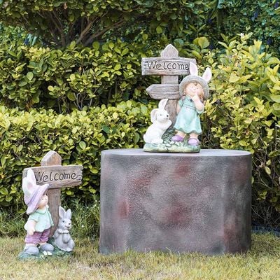 MgO Girl and Rabbit with Welcome Sign Decor