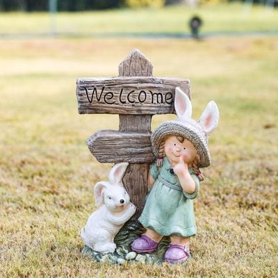 MgO Girl and Rabbit with Welcome Sign Decor