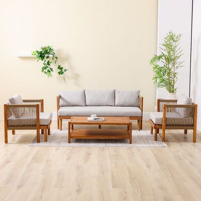 Watson 5-Seater Wooden Sofa Set - Natural Wood/Beige - With 2-Year Warranty