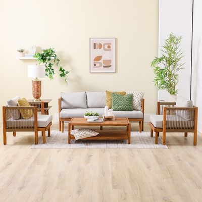 Watson 5-Seater Wooden Sofa Set - Natural Wood/Beige - With 2-Year Warranty