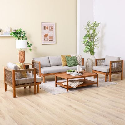 Watson 5-Seater Wooden Sofa Set - Natural Wood/Beige - With 2-Year Warranty